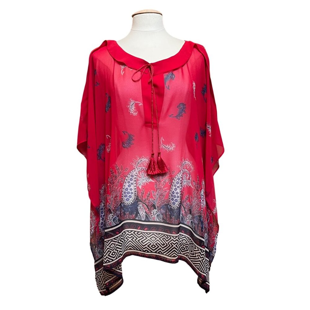 Lane Bryant Red Paisley Sheer Poncho Top Tassel Kimono 22/24 Boho Tunic Eclectic
